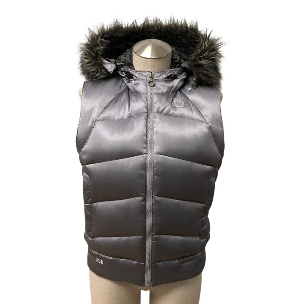 The North Face Puffer Vest Womens Medium Silver 550 Down Faux Fur Hood Gorpcore